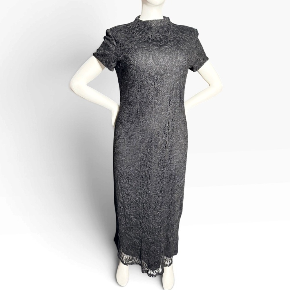 Vintage 90s Jessica Howard Black Lace Maxi Cocktail Dress Size 12 Made USA goth